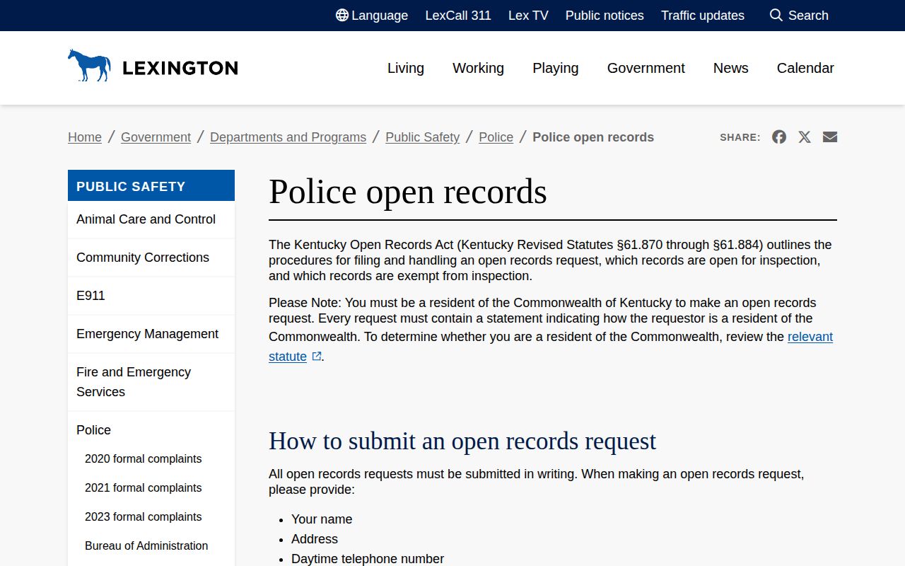 Lexington Police arrest records request instructions